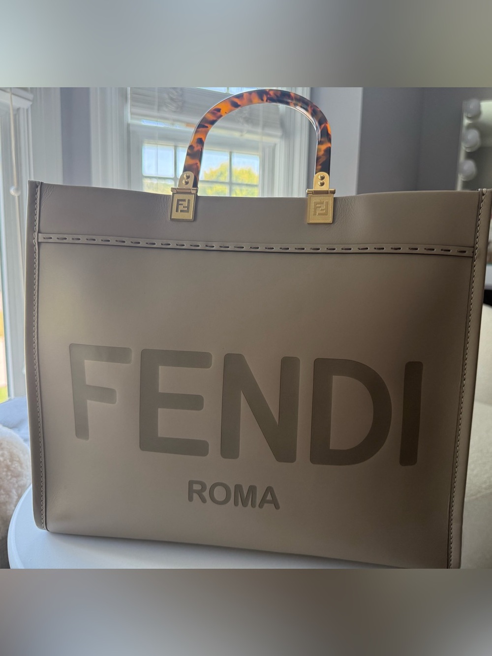 Fendi Taupe Roma Tote with Tortoiseshell Handle